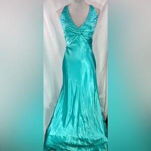 Vintage Cache turquoise teal prom dress size 4 Y2K 90’s beaded open back halter